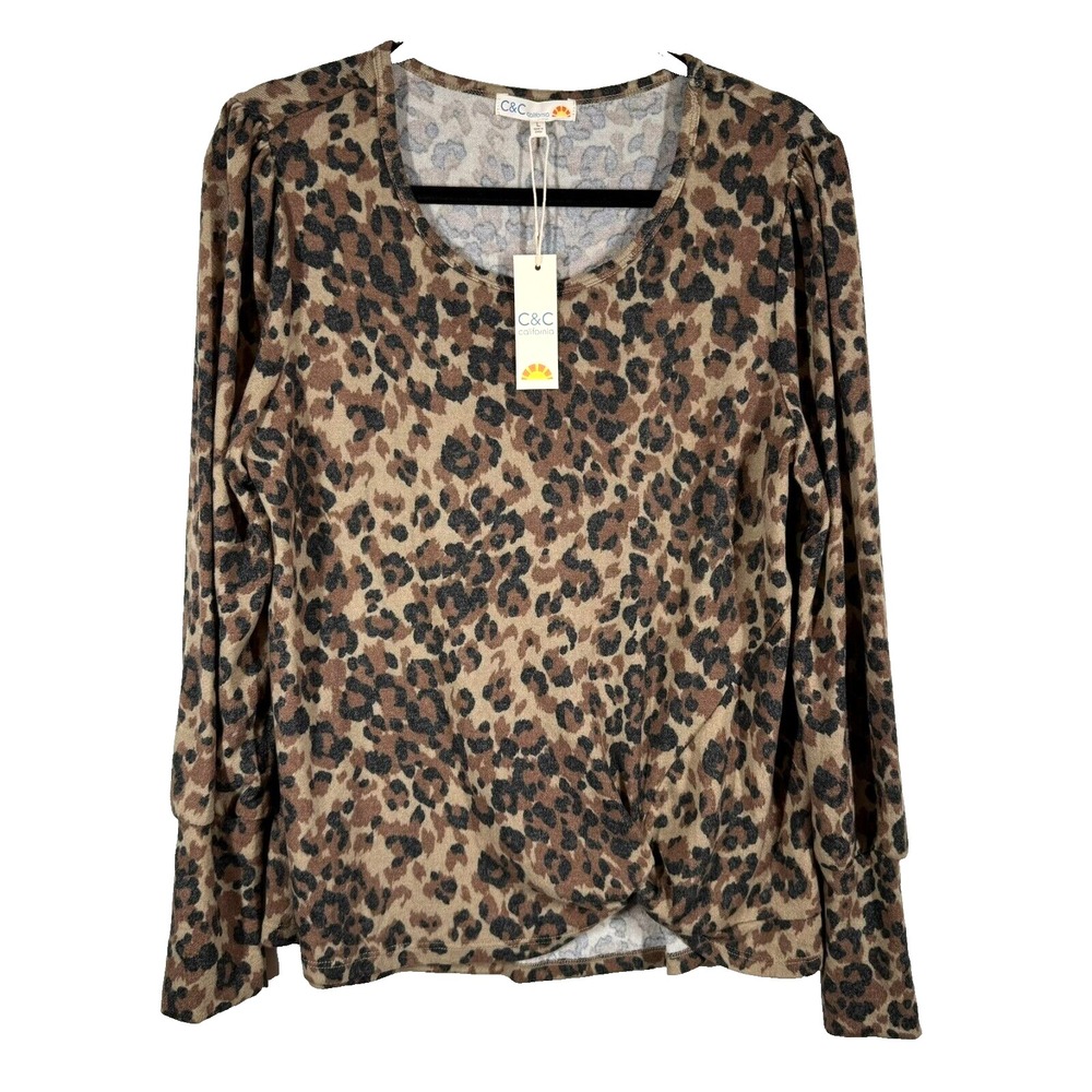 C&C California Shirt Sz L NEW Soft Knit Leopard Brown Puff Sleeve Cuffs Mob Wife